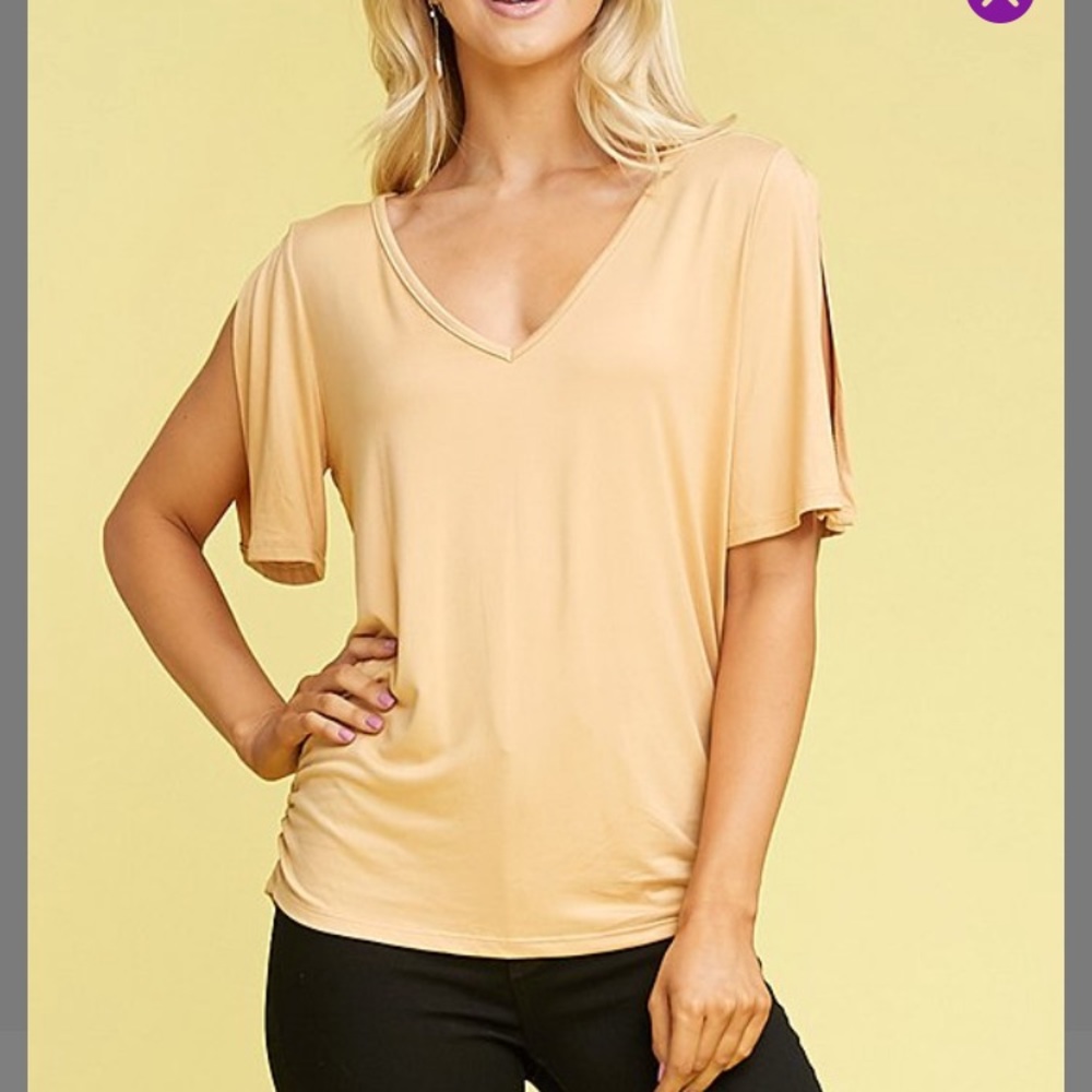 Shirred Split-Sleeve V-Neck Top